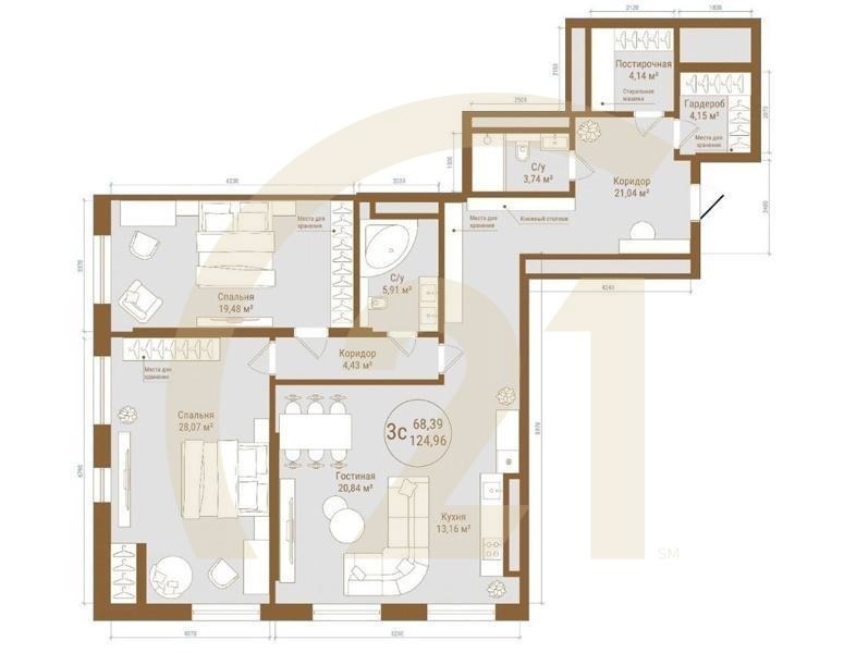 3-комн, 124.96 м², 8-23 этаж