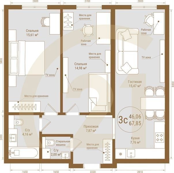 3-комн, 67.85 м², 23 этаж