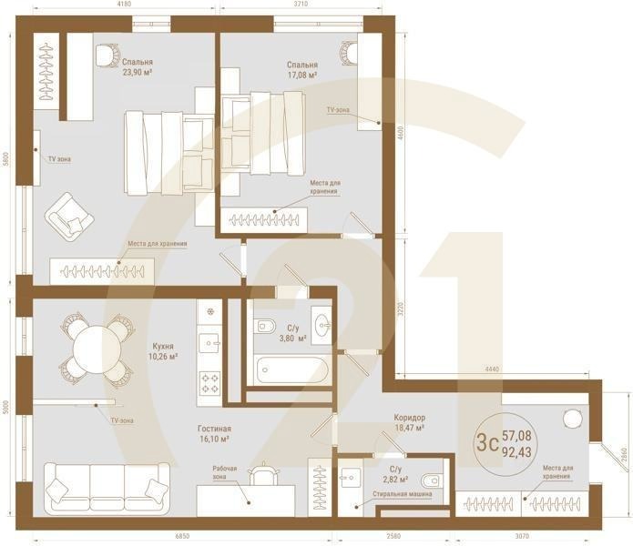 3-комн, 92.43 м², 23 этаж