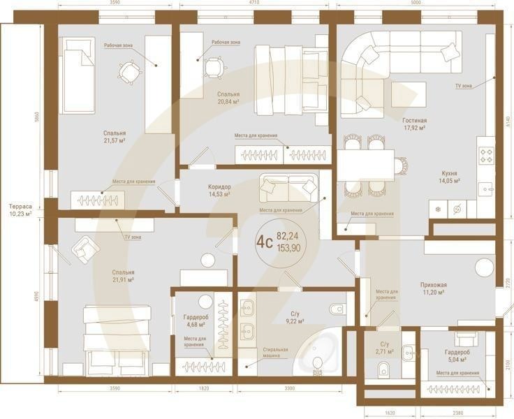 4-комн, 153.9 м², 3 этаж