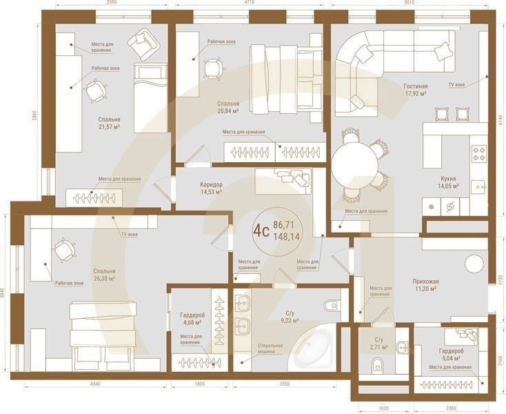 4-комн, 148.14 м², 8-9 этаж