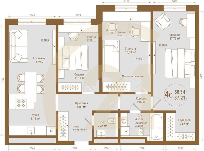 4-комн, 87.21 м², 12 этаж