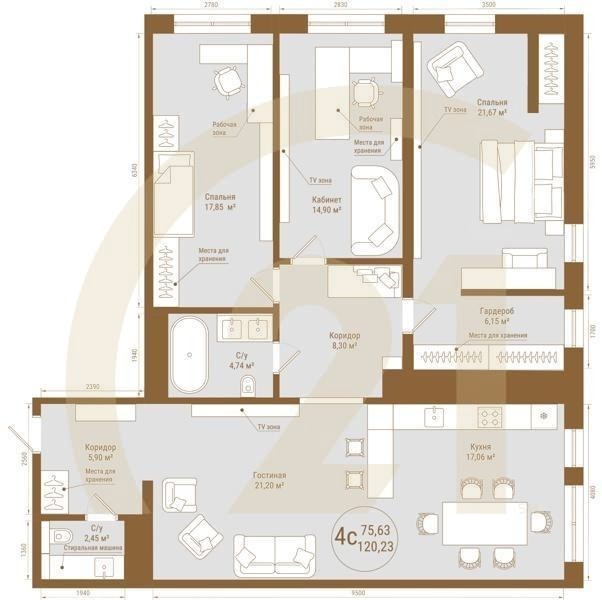 4-комн, 120.23 м², 9-17 этаж