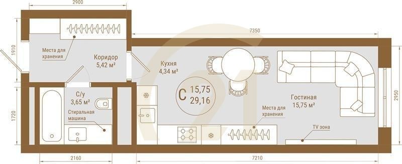 Студия, 29.16 м², 8-25 этаж