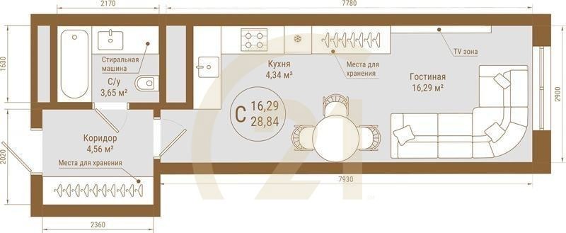 Студия, 28.84 м², 11-25 этаж