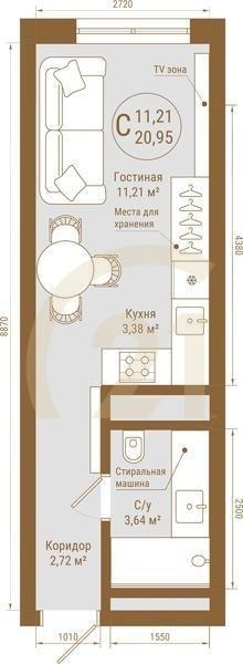 Студия, 20.95 м², 14-25 этаж