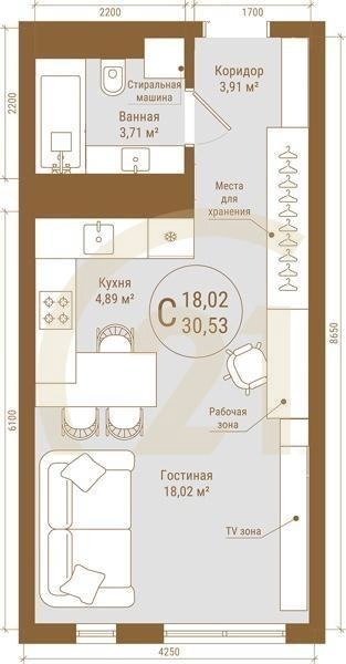 Студия, 30.53 м², 21-25 этаж