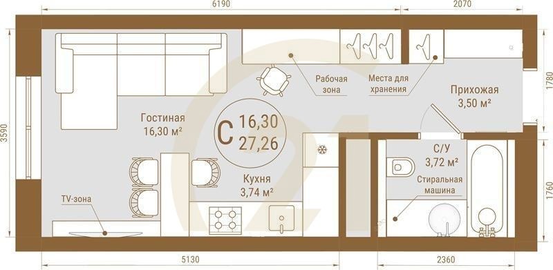 Студия, 27.26 м², 25 этаж