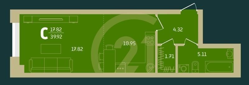 Студия, 39.92 м², 6-16 этаж