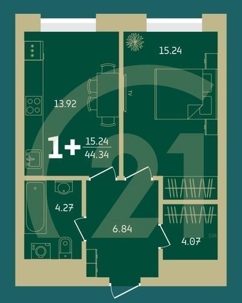 1-комн, 44.34 м², 19-29 этаж