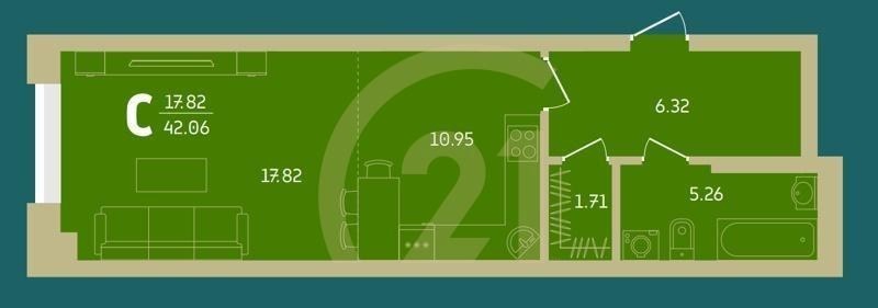 Студия, 42.06 м², 20-29 этаж