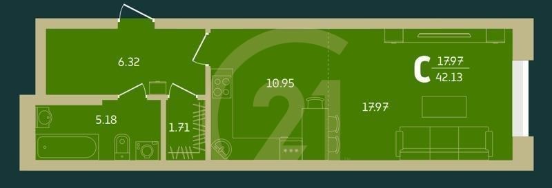 Студия, 42.13 м², 20-29 этаж