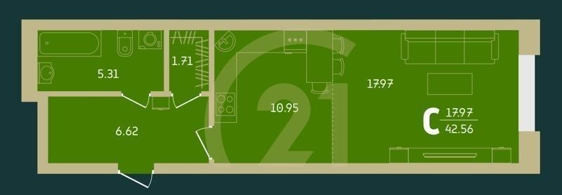 Студия, 42.56 м², 20-27 этаж