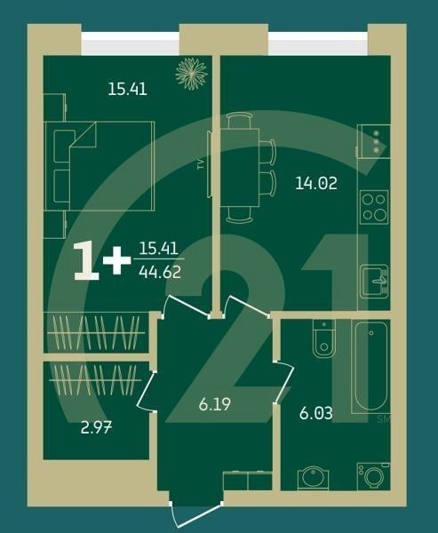 1-комн, 44.62 м², 21-29 этаж