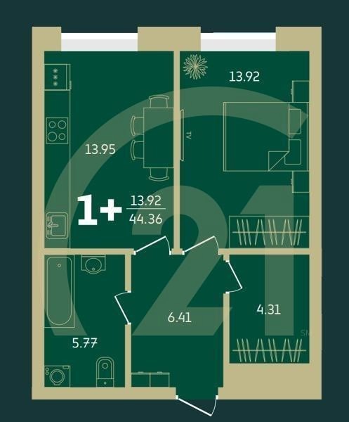 1-комн, 44.36 м², 26 этаж