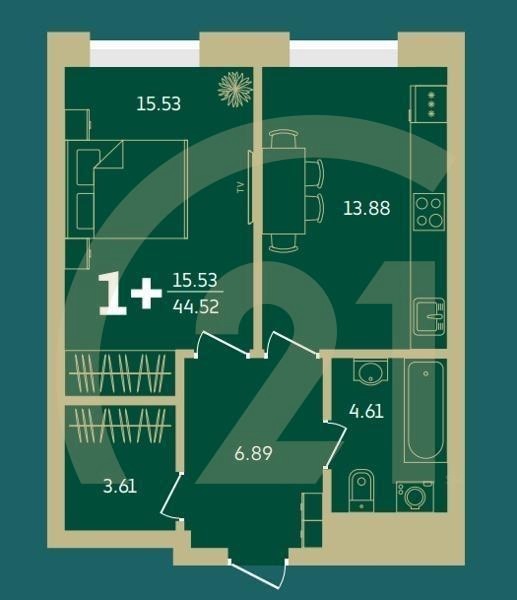 1-комн, 44.52 м², 4-13 этаж