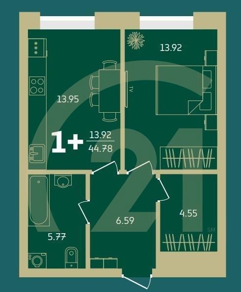 1-комн, 44.78 м², 5-8 этаж