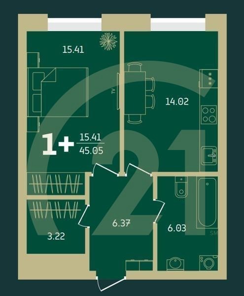 1-комн, 45.05 м², 4-9 этаж