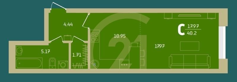 Студия, 40.2 м², 5-15 этаж