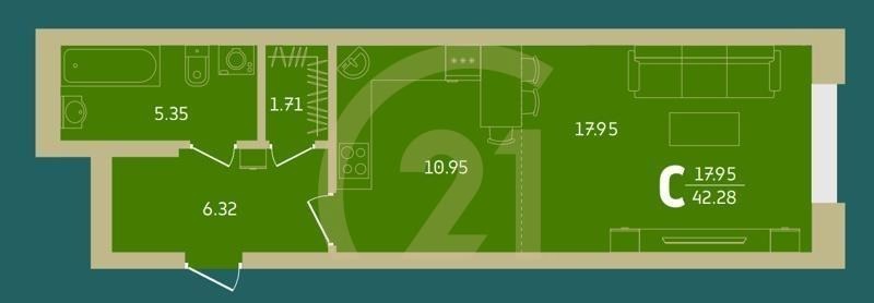 Студия, 42.28 м², 5-18 этаж