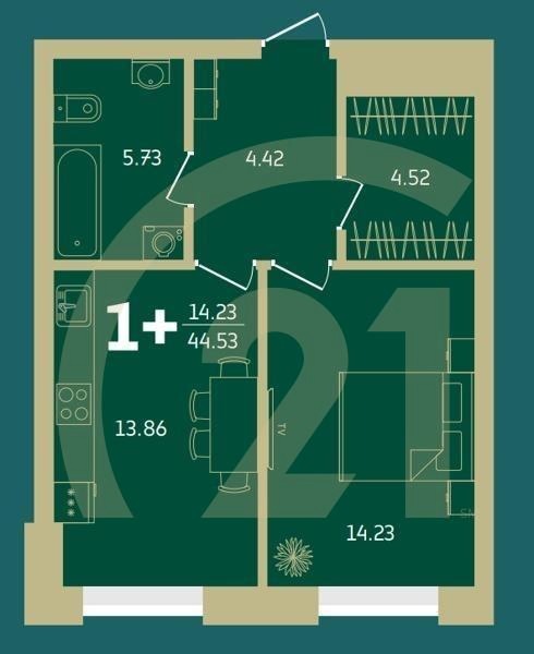 1-комн, 44.53 м², 5-6 этаж