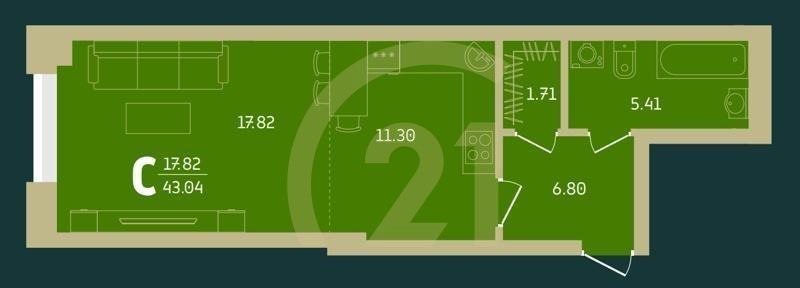 Студия, 43.04 м², 5-18 этаж