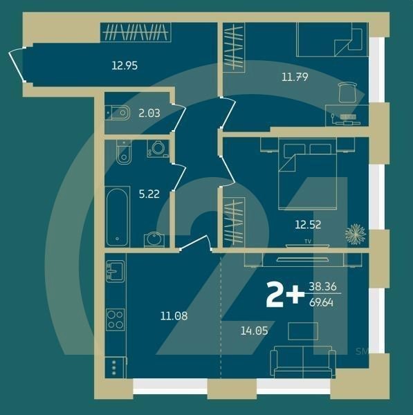 2-комн, 69.64 м², 19-26 этаж