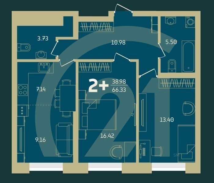 2-комн, 66.33 м², 19-28 этаж