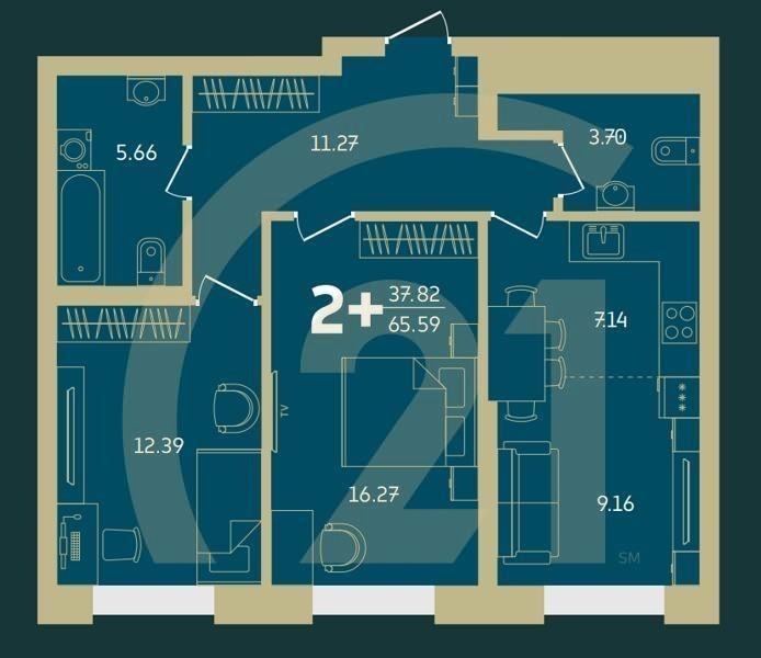 2-комн, 65.59 м², 20-29 этаж