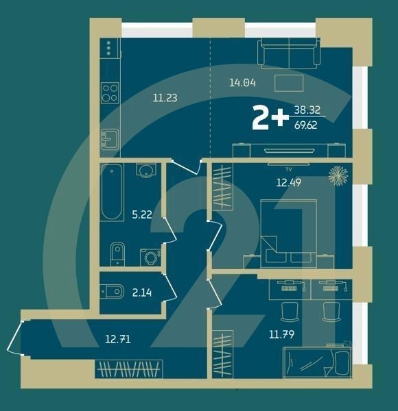 2-комн, 69.62 м², 21-26 этаж