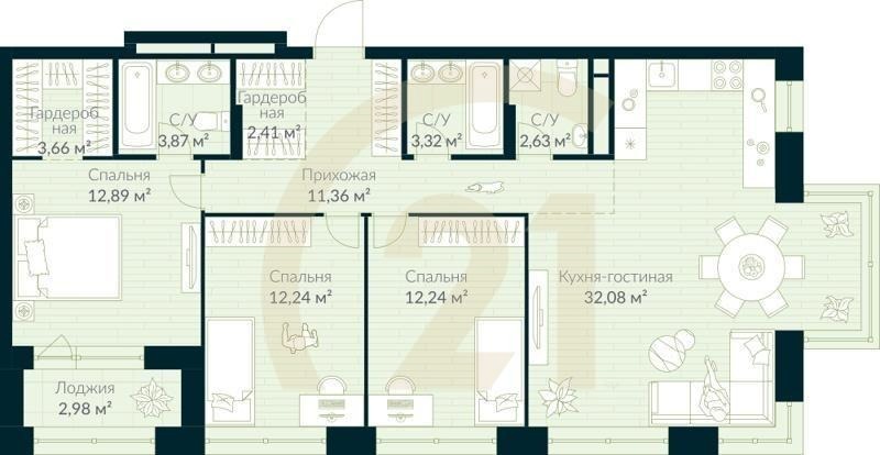 1-комн, 98.19 м², 9 этаж