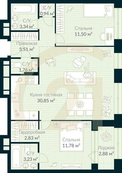 1-комн, 73.18 м², 22-29 этаж