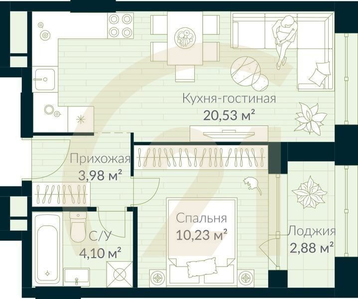 1-комн, 40.28 м², 11 этаж