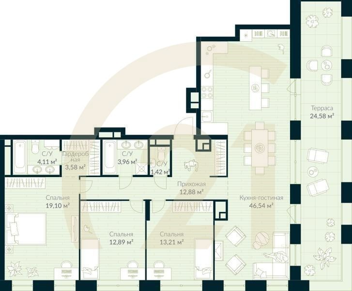 1-комн, 125.06 м², 30 этаж