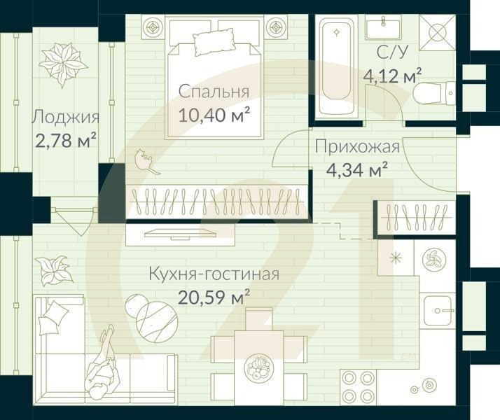 1-комн, 40.84 м², 27-30 этаж