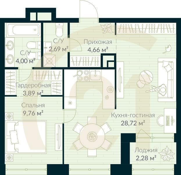 1-комн, 54.86 м², 9 этаж