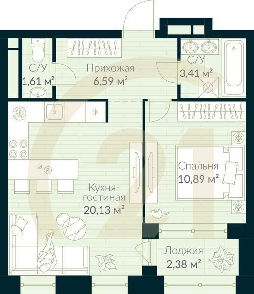 1-комн, 43.82 м², 22-26 этаж