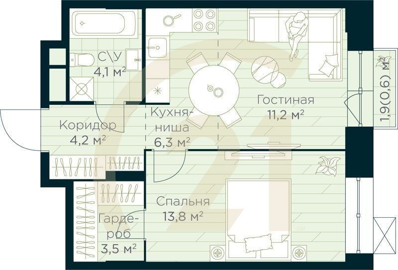 2-комн, 43.7 м², 5-7 этаж