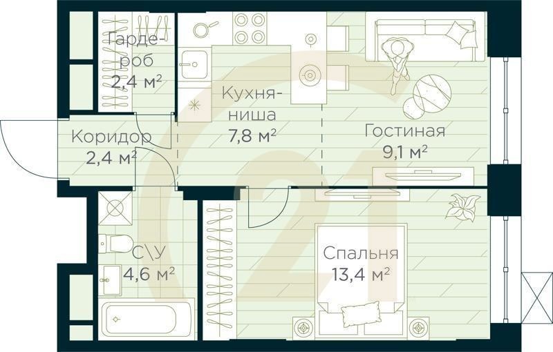 2-комн, 39.7 м², 8-12 этаж