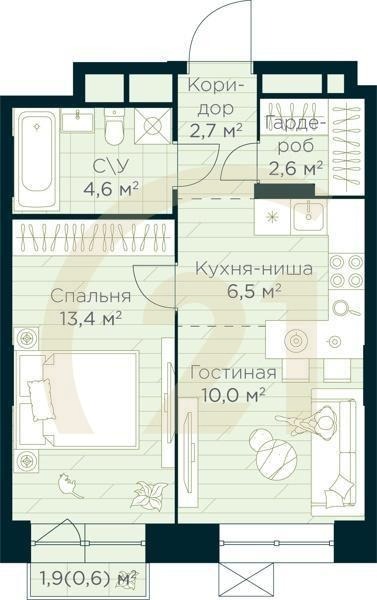 2-комн, 40.4 м², 4-14 этаж