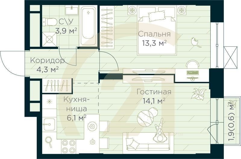 2-комн, 42.3 м², 7-15 этаж