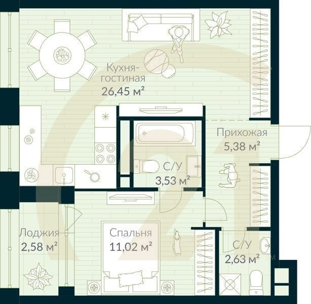 2-комн, 50.3 м², 9 этаж