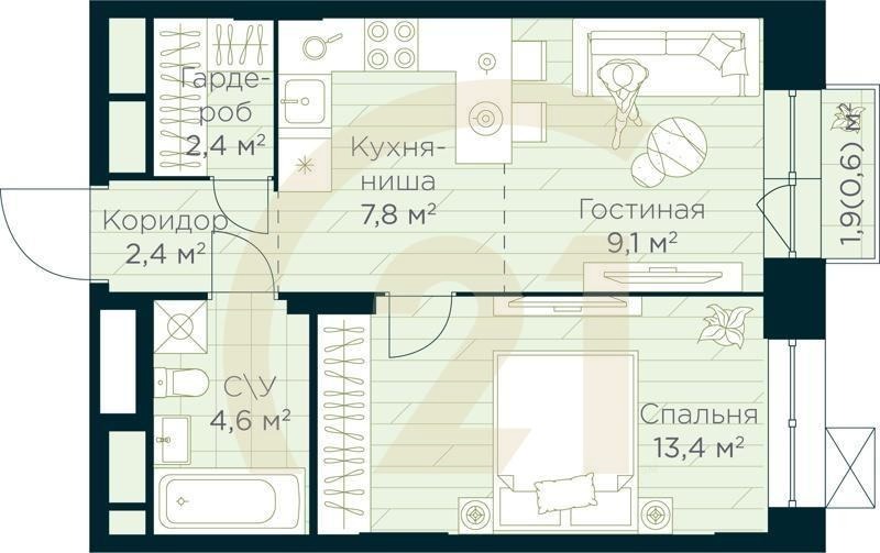 2-комн, 40.3 м², 4-15 этаж