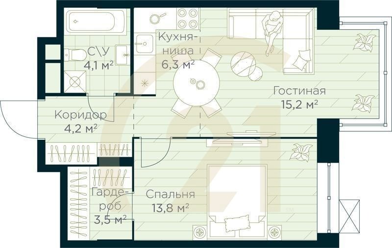 2-комн, 47.1 м², 15 этаж