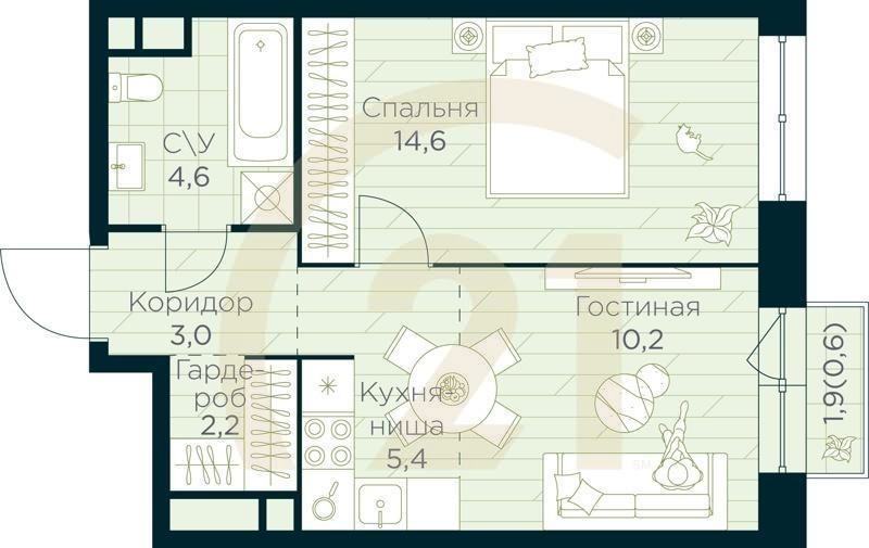 2-комн, 40.6 м², 5-9 этаж