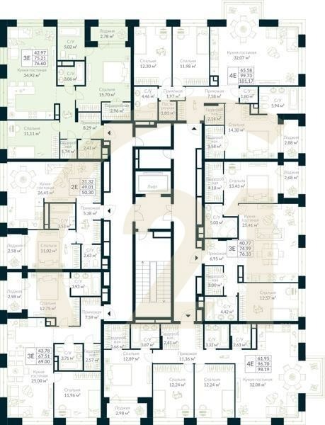 3-комн, 76.6 м², 8-9 этаж