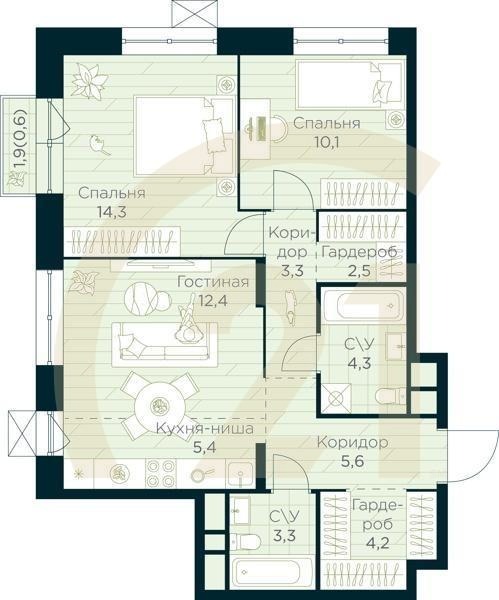 3-комн, 66 м², 5-9 этаж