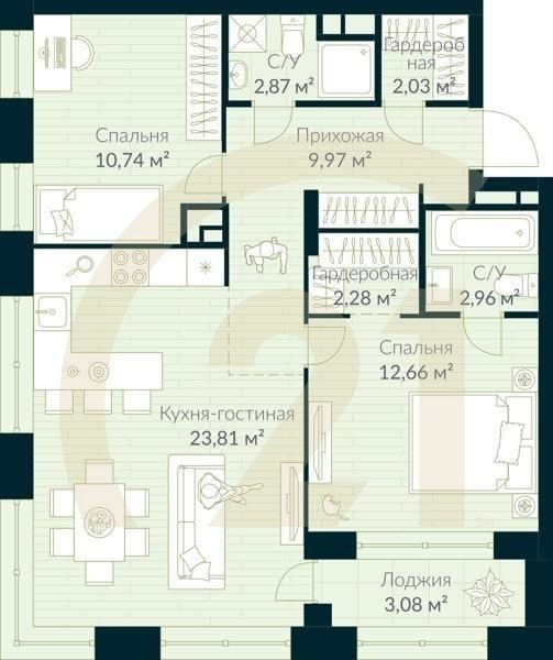 3-комн, 68.86 м², 9 этаж