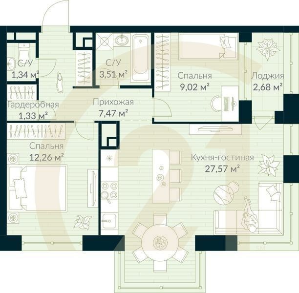 3-комн, 63.84 м², 20-28 этаж