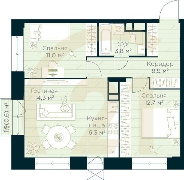 3-комн, 58.6 м², 6-15 этаж